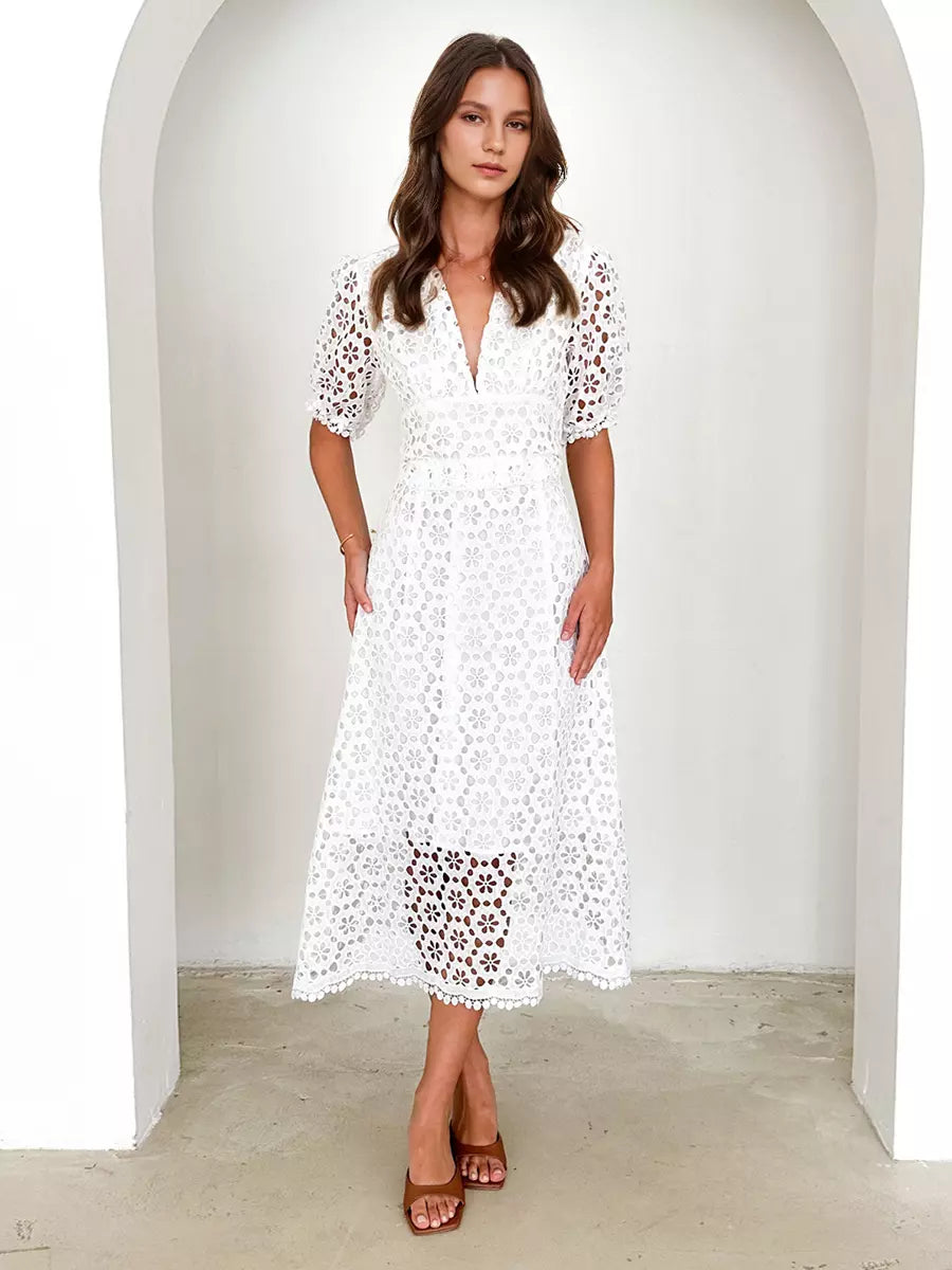Elegant V-neck Puff Sleeve Solid Color A-line Lace Midi Dress