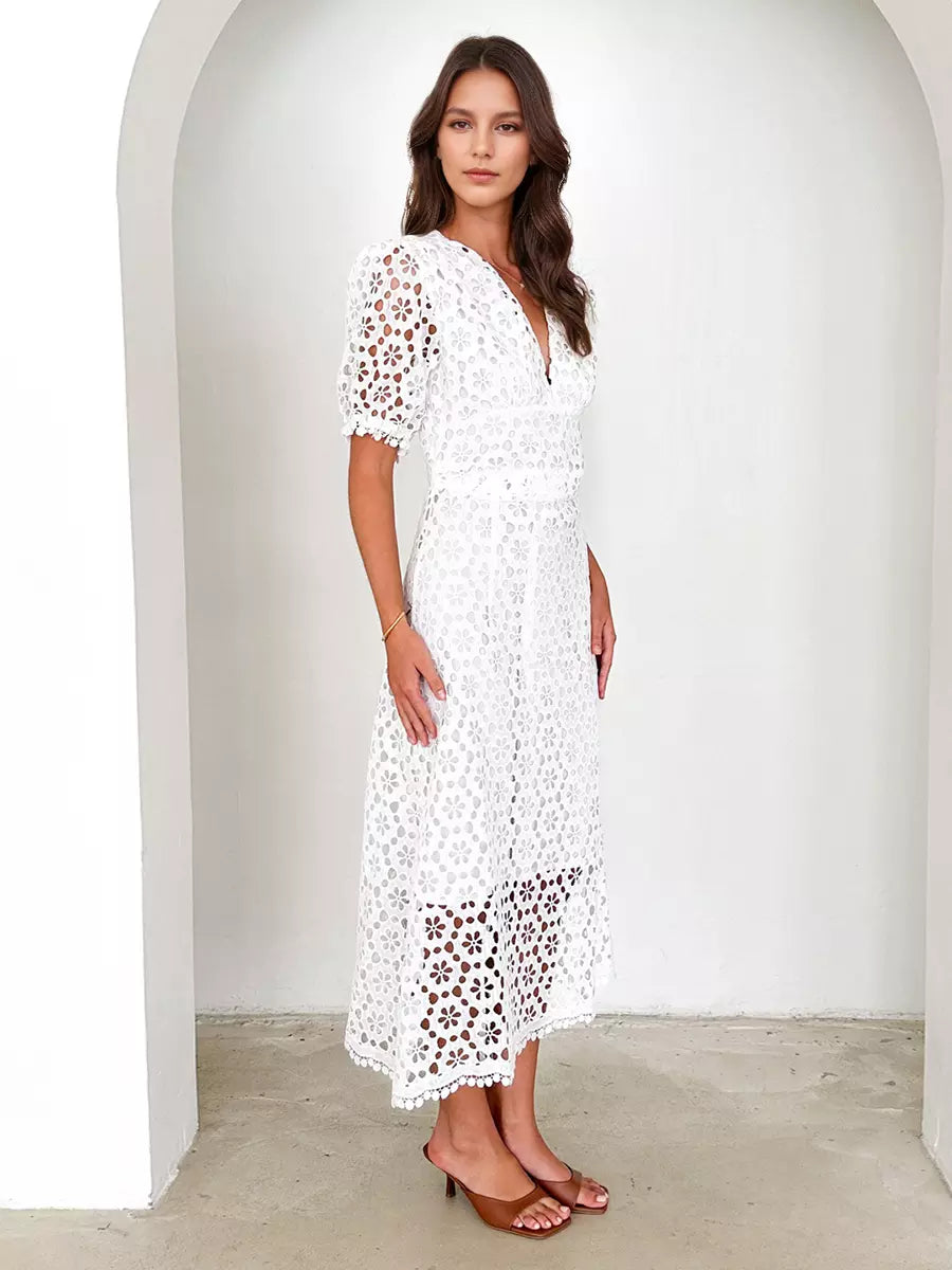 Elegant V-neck Puff Sleeve Solid Color A-line Lace Midi Dress