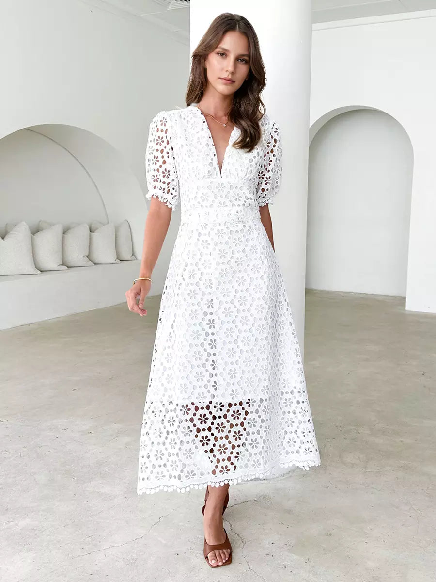Elegant V-neck Puff Sleeve Solid Color A-line Lace Midi Dress