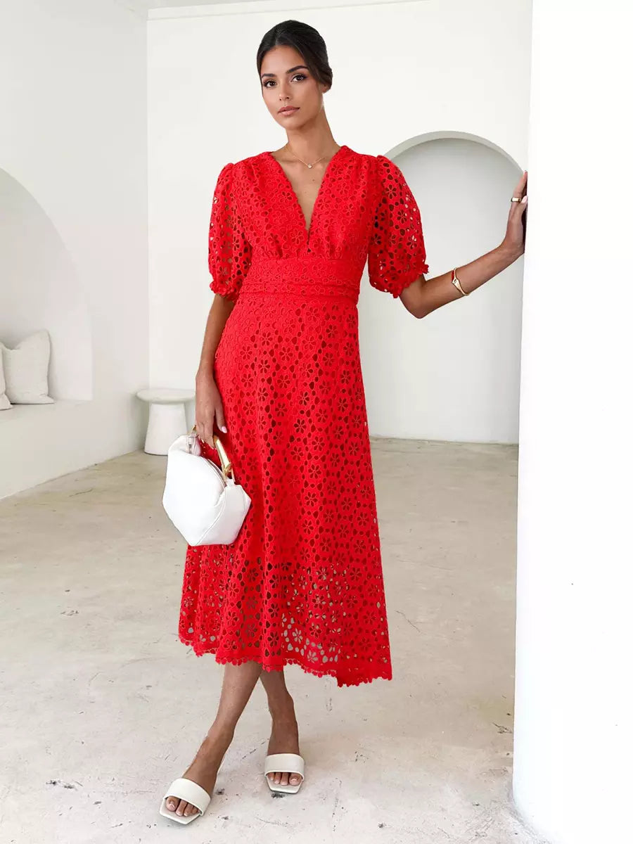 Elegant V-neck Puff Sleeve Solid Color A-line Lace Midi Dress