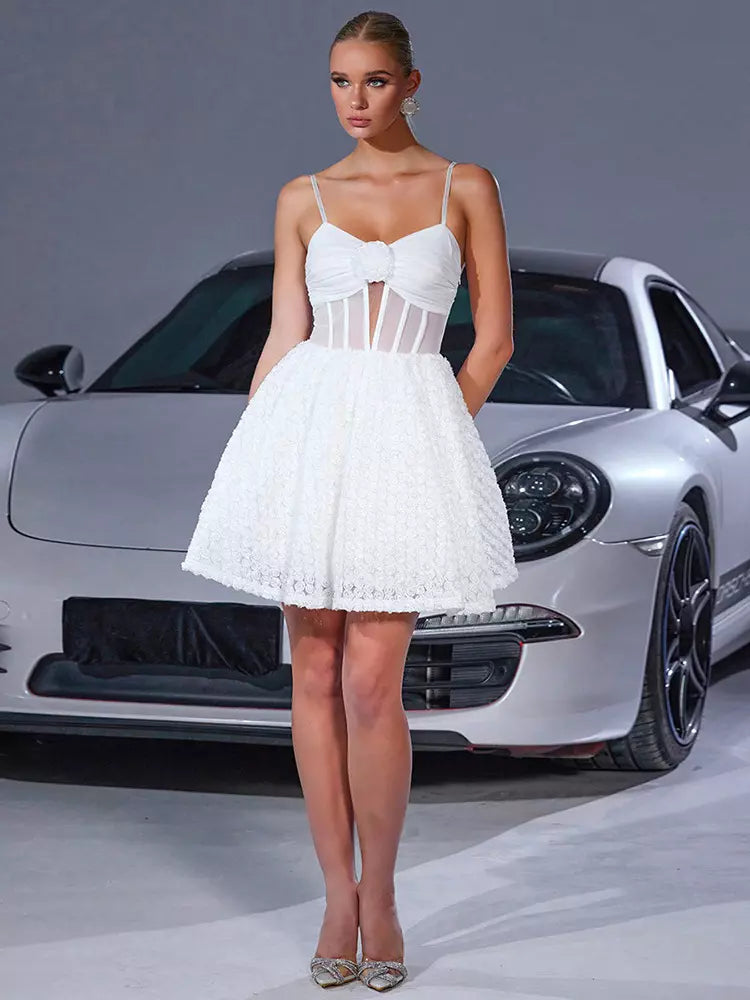 Elegant V-neck Sleeveless With Backless Flower Decoration And Sheer Waist Mini Slip Dress