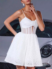 Elegant V-neck Sleeveless With Backless Flower Decoration And Sheer Waist Mini Slip Dress