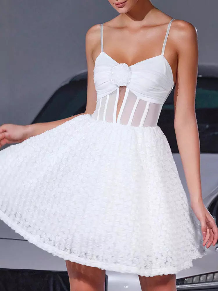 Elegant V-neck Sleeveless With Backless Flower Decoration And Sheer Waist Mini Slip Dress