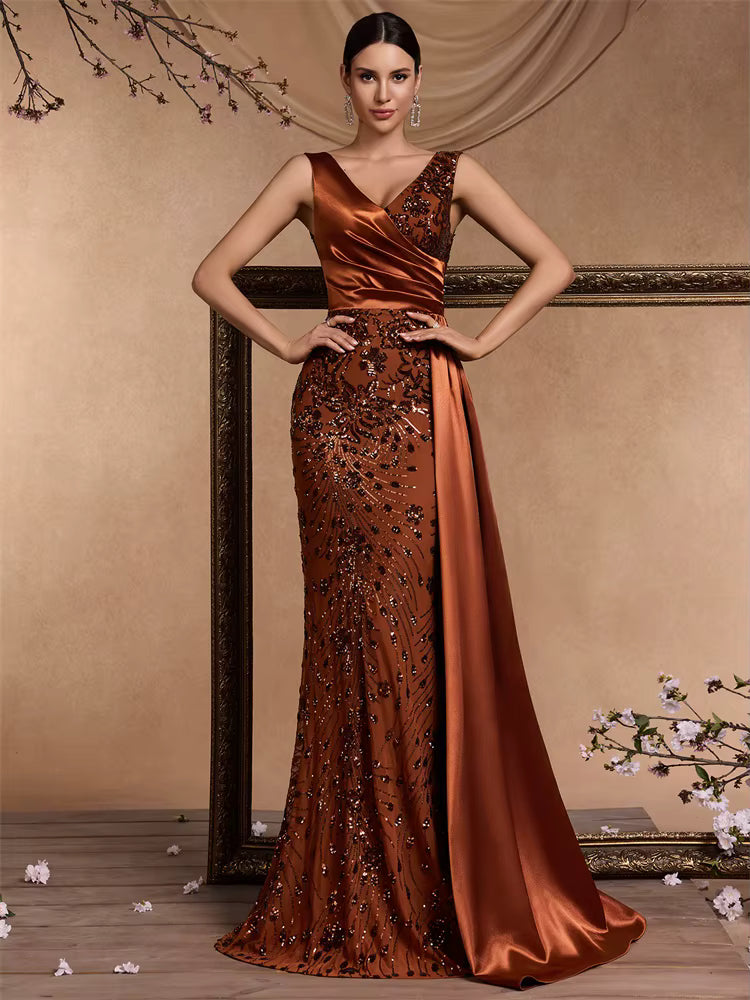 Elegant V-neck Splice Sequins Mermaid Floor-Length Maxi Dress