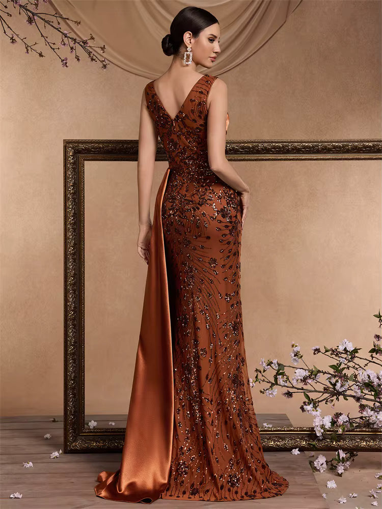 Elegant V-neck Splice Sequins Mermaid Floor-Length Maxi Dress