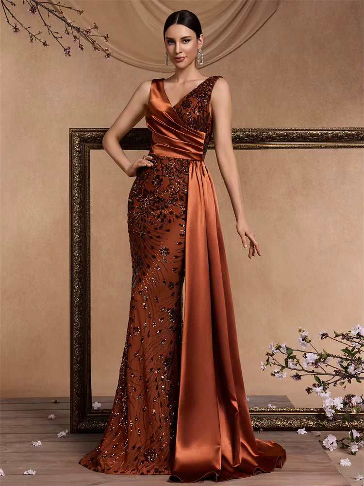 Elegant V-neck Splice Sequins Mermaid Floor-Length Maxi Dress