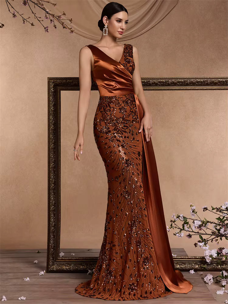 Elegant V-neck Splice Sequins Mermaid Floor-Length Maxi Dress