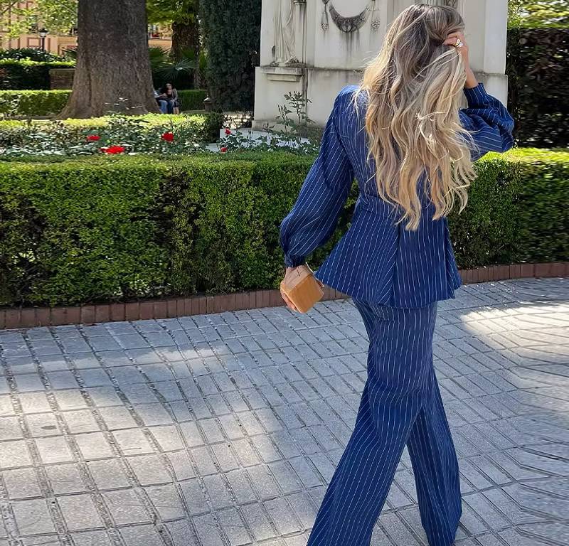 Elegant V-neck Two Button Puff Sleeve Top And Loose Straight Pants 2 Piece Set