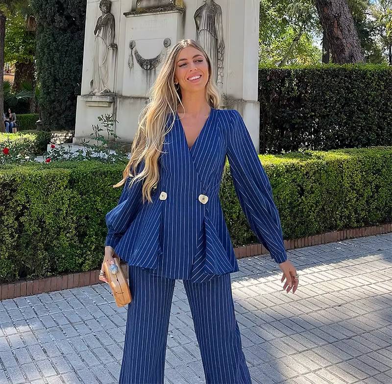 Elegant V-neck Two Button Puff Sleeve Top And Loose Straight Pants 2 Piece Set