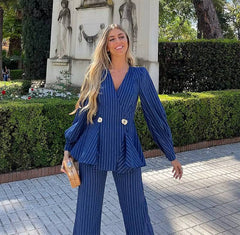 Elegant V-neck Two Button Puff Sleeve Top And Loose Straight Pants 2 Piece Set