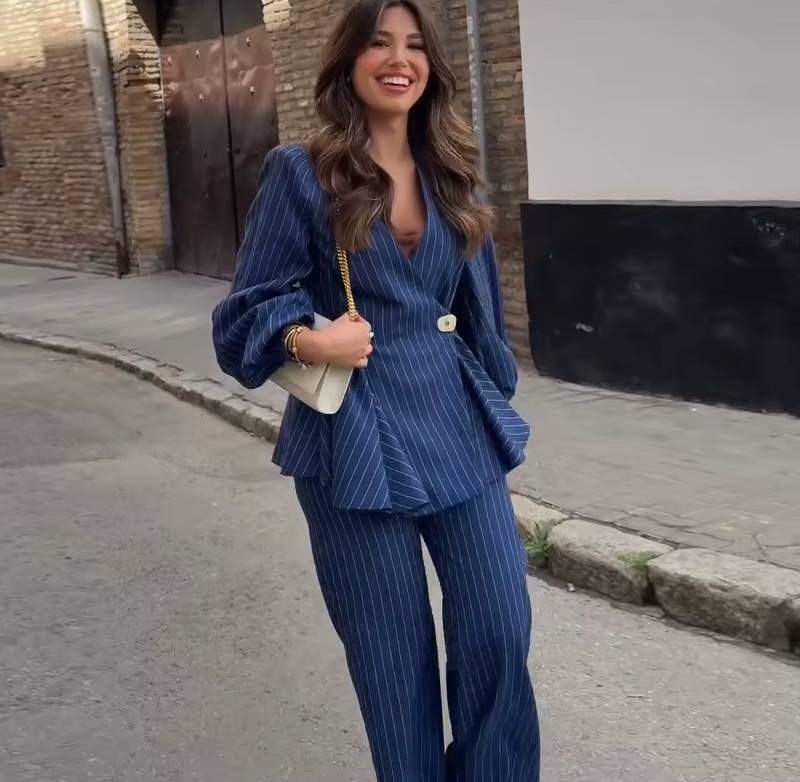 Elegant V-neck Two Button Puff Sleeve Top And Loose Straight Pants 2 Piece Set