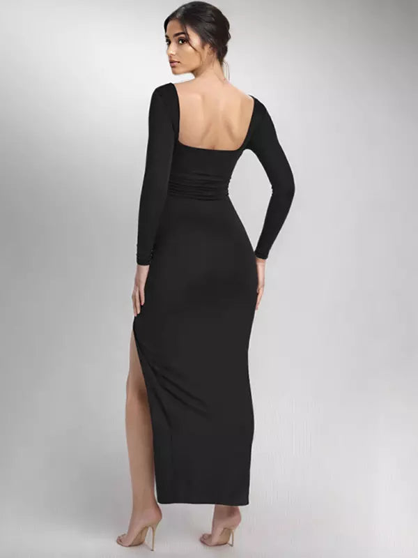 Elegant V-neck Vertical Stripe Slit Long Sleeve Bodycon Maxi Dress