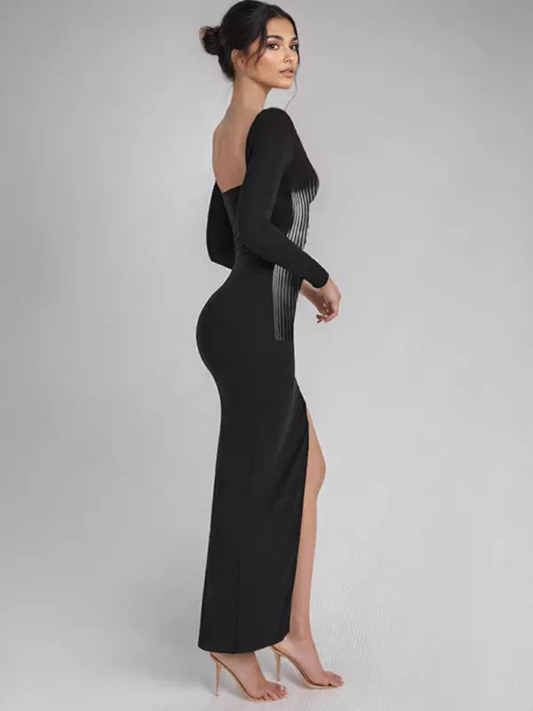 Elegant V-neck Vertical Stripe Slit Long Sleeve Bodycon Maxi Dress