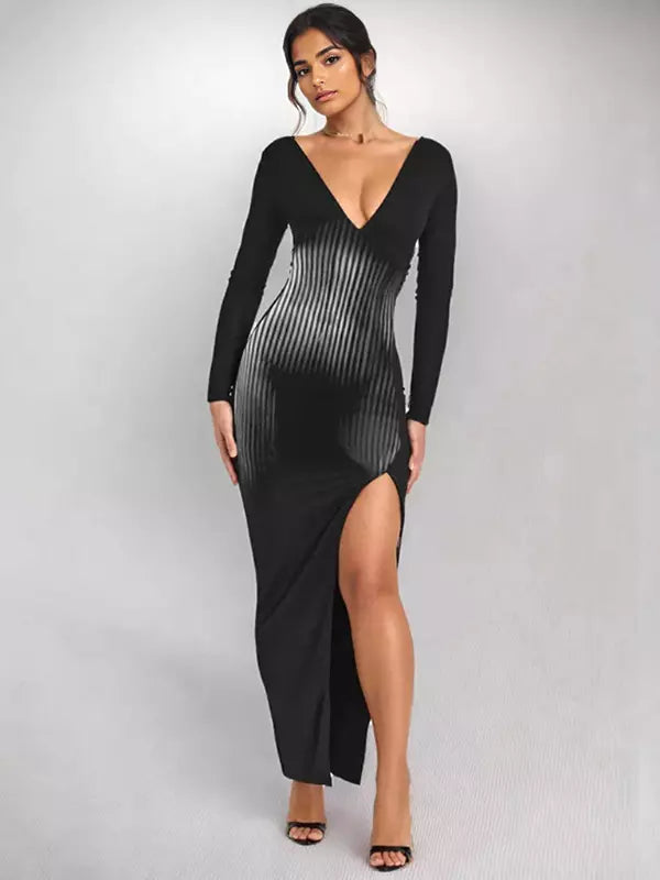 Elegant V-neck Vertical Stripe Slit Long Sleeve Bodycon Maxi Dress