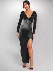 Elegant V-neck Vertical Stripe Slit Long Sleeve Bodycon Maxi Dress