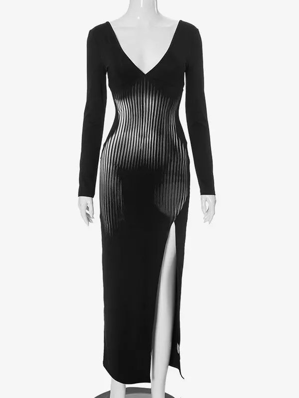 Elegant V-neck Vertical Stripe Slit Long Sleeve Bodycon Maxi Dress
