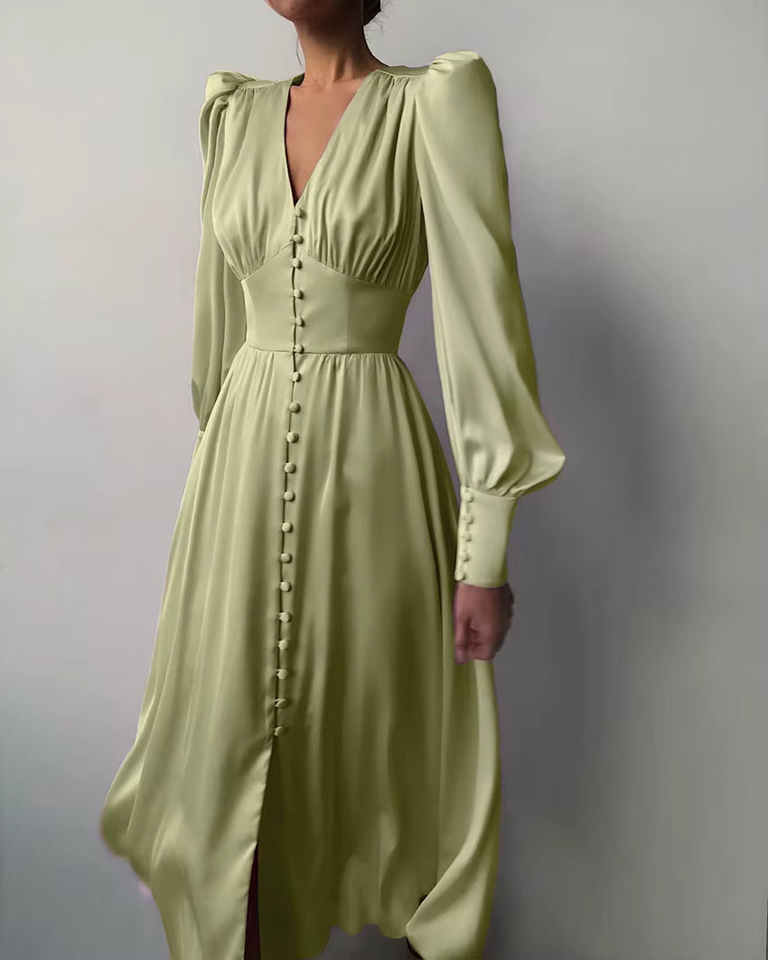 Elegant V-neck Waist Cinched Satin Solid Color Office Lady Dresses