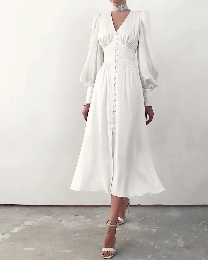 Elegant V-neck Waist Cinched Satin Solid Color Office Lady Dresses