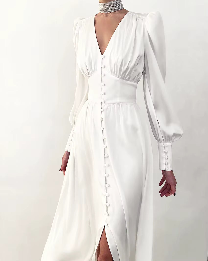 Elegant V-neck Waist Cinched Satin Solid Color Office Lady Dresses