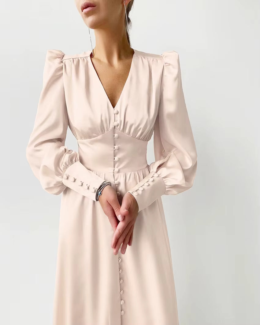 Elegant V-neck Waist Cinched Satin Solid Color Office Lady Dresses