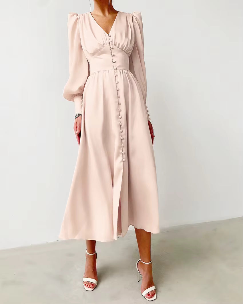 Elegant V-neck Waist Cinched Satin Solid Color Office Lady Dresses