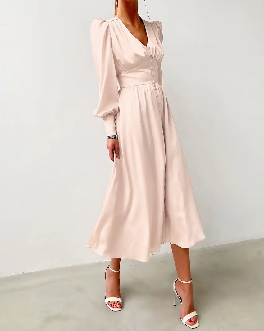Elegant V-neck Waist Cinched Satin Solid Color Office Lady Dresses