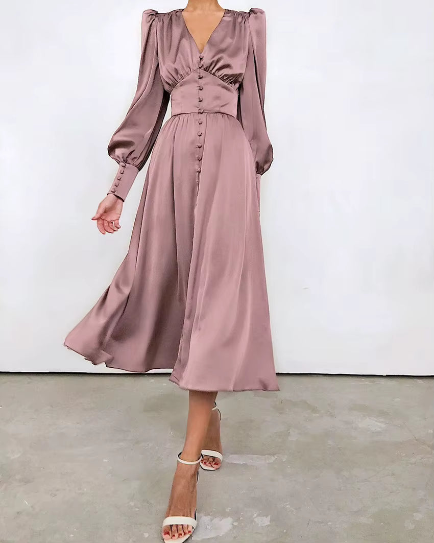 Elegant V-neck Waist Cinched Satin Solid Color Office Lady Dresses