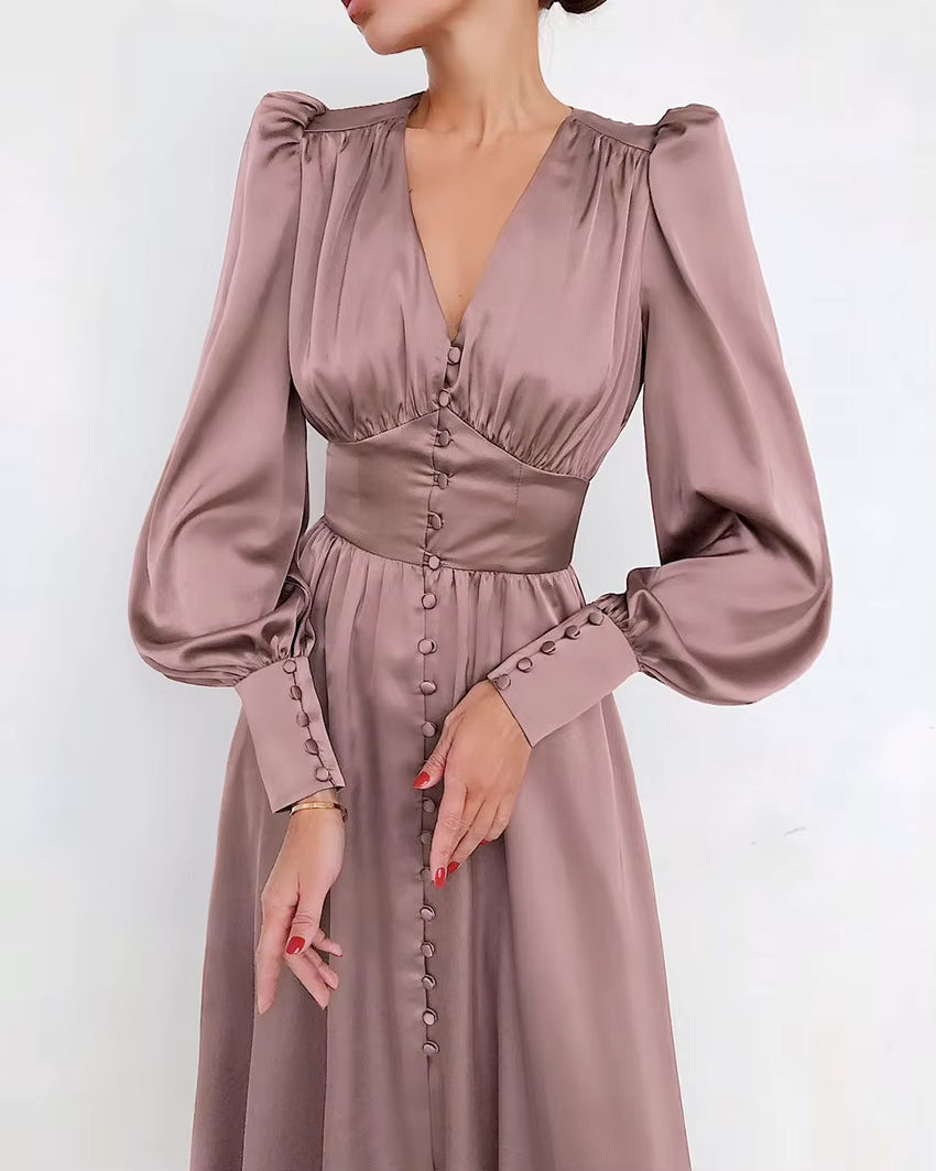 Elegant V-neck Waist Cinched Satin Solid Color Office Lady Dresses