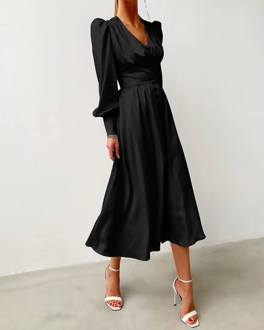 Elegant V-neck Waist Cinched Satin Solid Color Office Lady Dresses