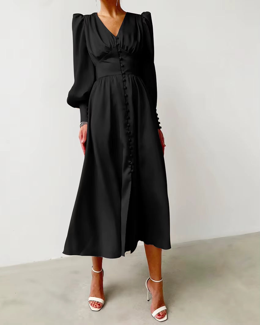 Elegant V-neck Waist Cinched Satin Solid Color Office Lady Dresses