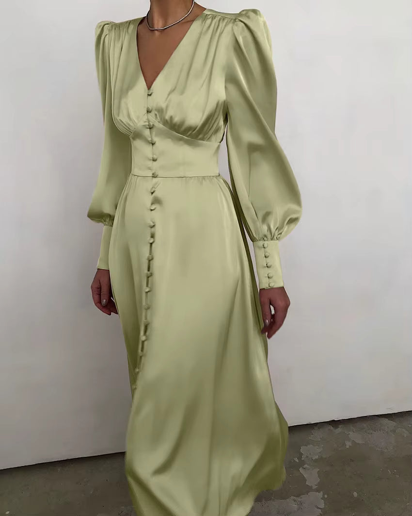 Elegant V-neck Waist Cinched Satin Solid Color Office Lady Dresses