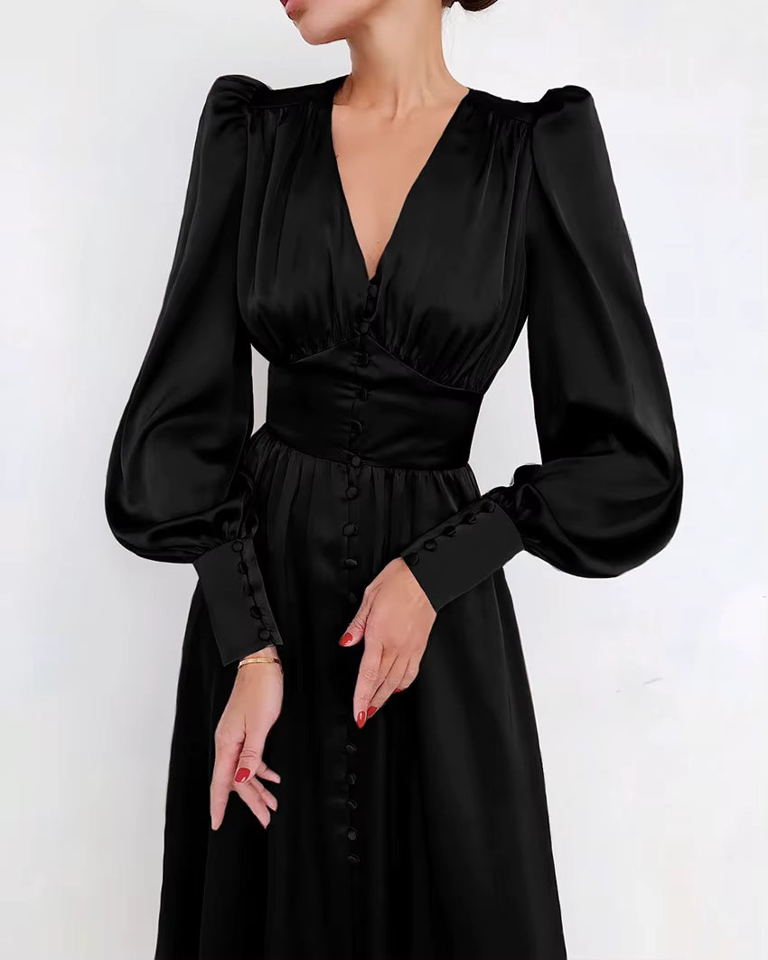 Elegant V-neck Waist Cinched Satin Solid Color Office Lady Dresses