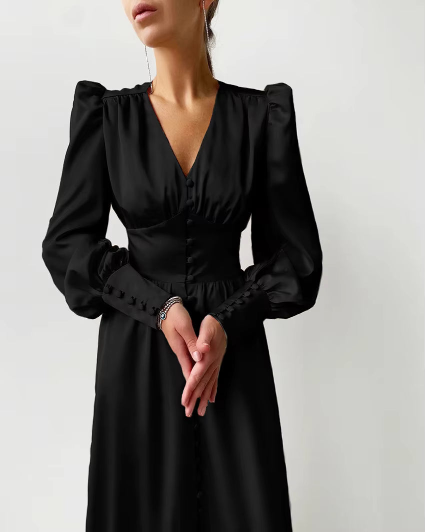 Elegant V-neck Waist Cinched Satin Solid Color Office Lady Dresses