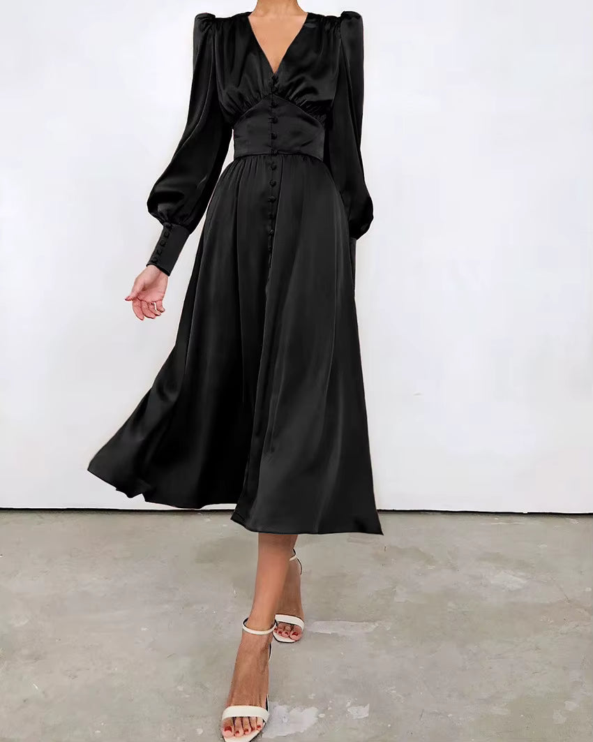 Elegant V-neck Waist Cinched Satin Solid Color Office Lady Dresses
