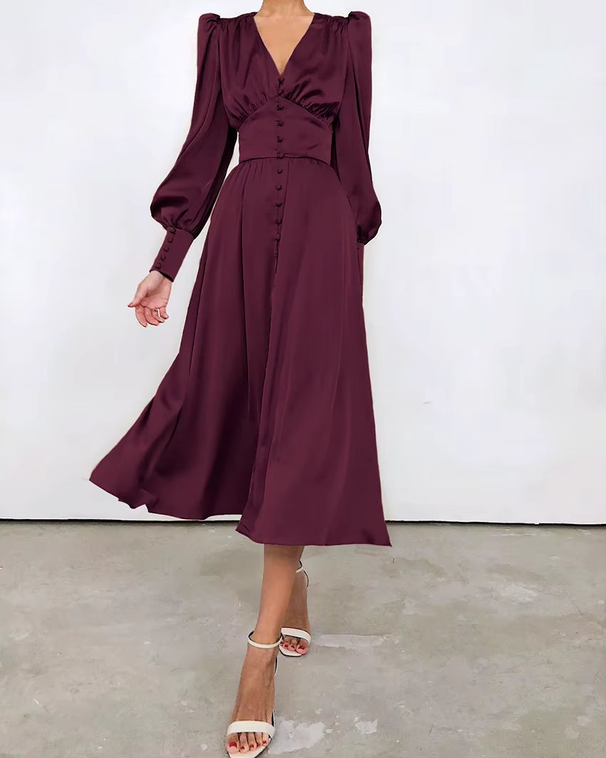 Elegant V-neck Waist Cinched Satin Solid Color Office Lady Dresses