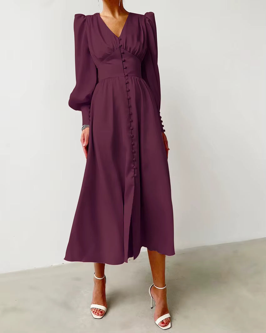 Elegant V-neck Waist Cinched Satin Solid Color Office Lady Dresses