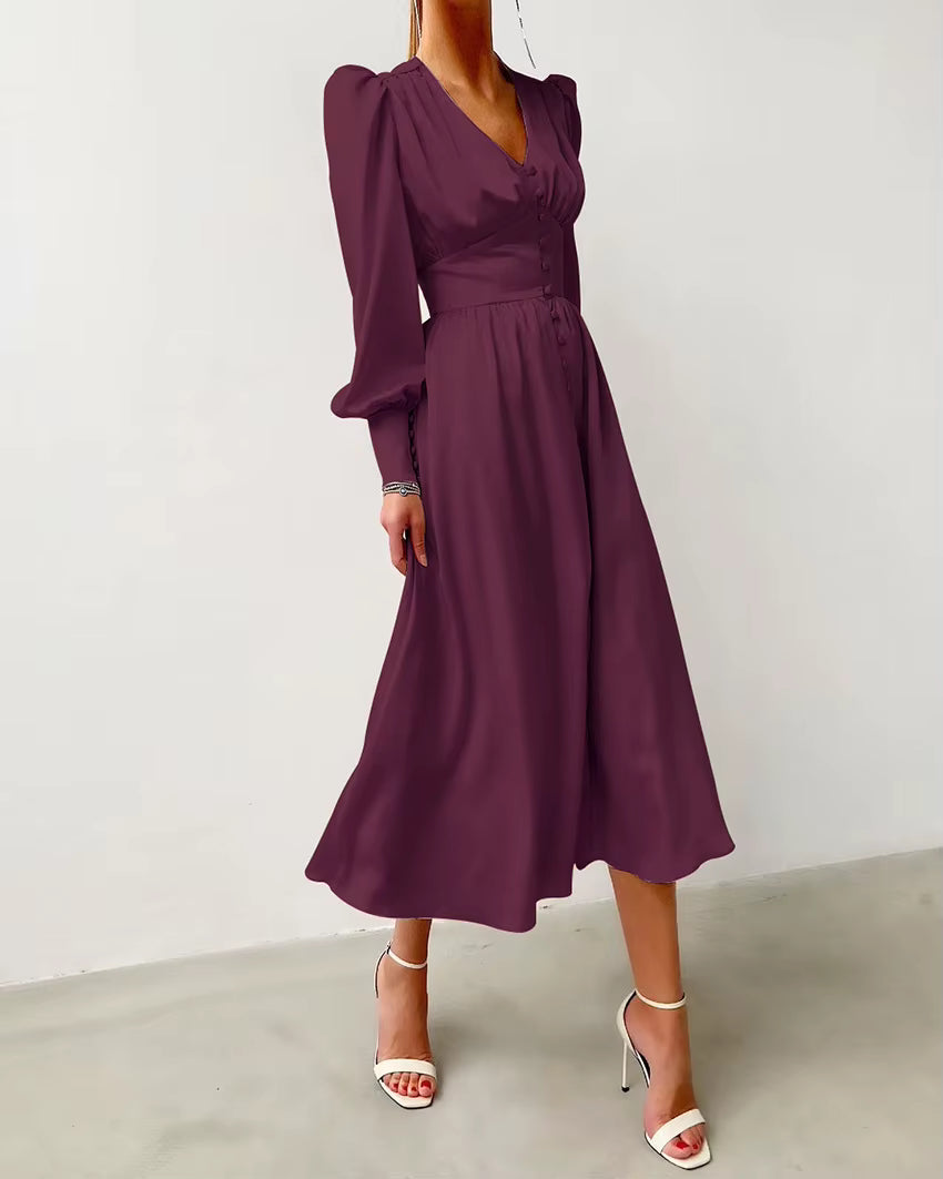 Elegant V-neck Waist Cinched Satin Solid Color Office Lady Dresses