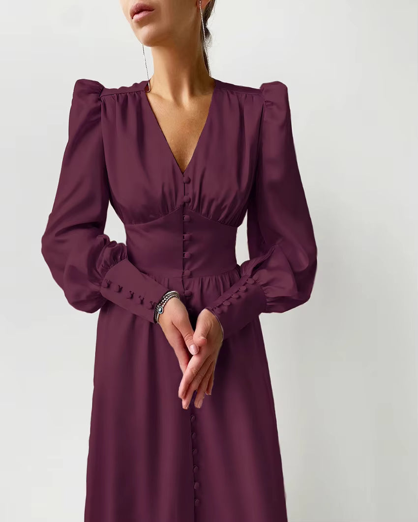 Elegant V-neck Waist Cinched Satin Solid Color Office Lady Dresses