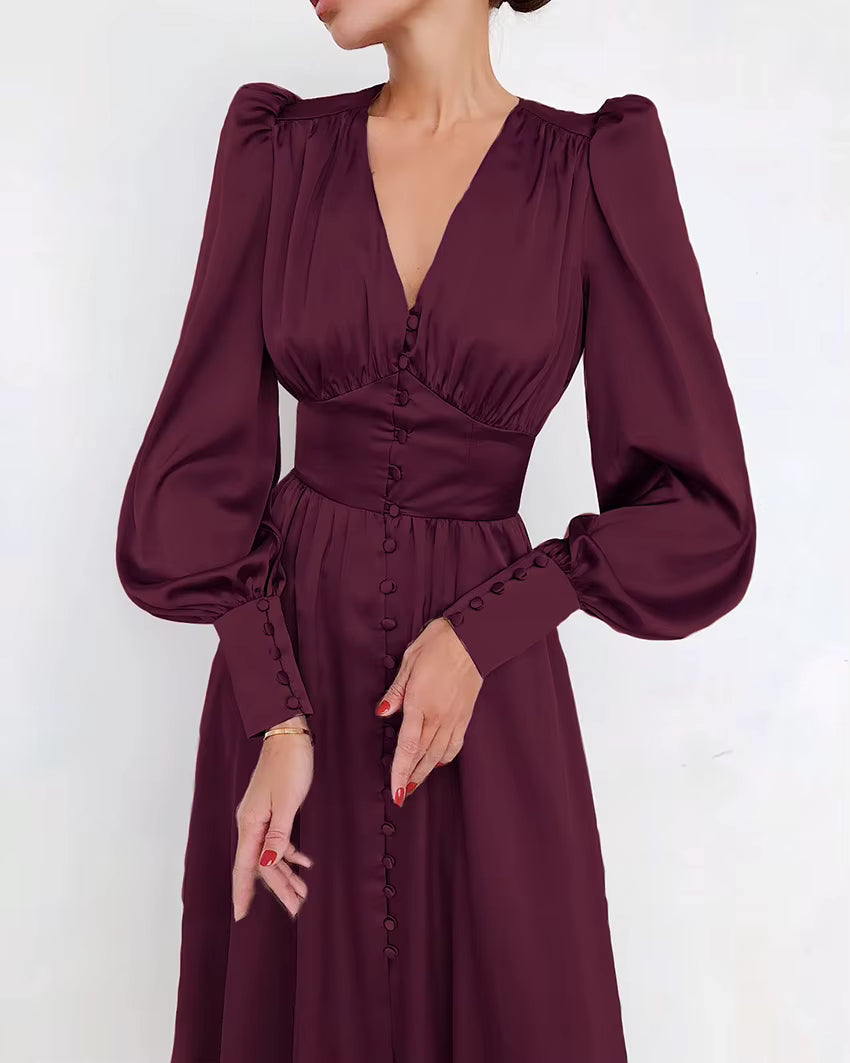 Elegant V-neck Waist Cinched Satin Solid Color Office Lady Dresses