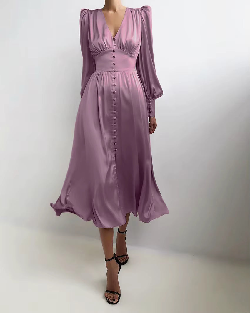 Elegant V-neck Waist Cinched Satin Solid Color Office Lady Dresses
