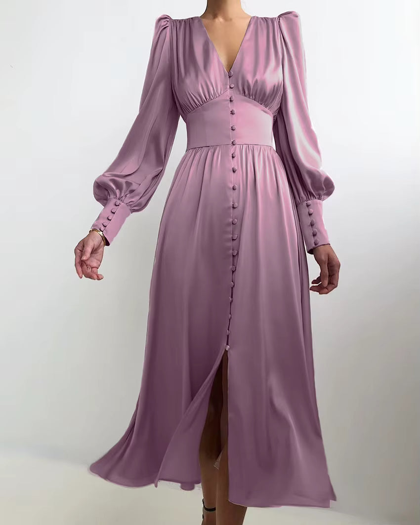 Elegant V-neck Waist Cinched Satin Solid Color Office Lady Dresses