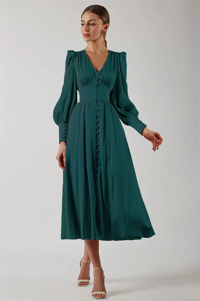Elegant V-neck Waist Cinched Satin Solid Color Office Lady Dresses