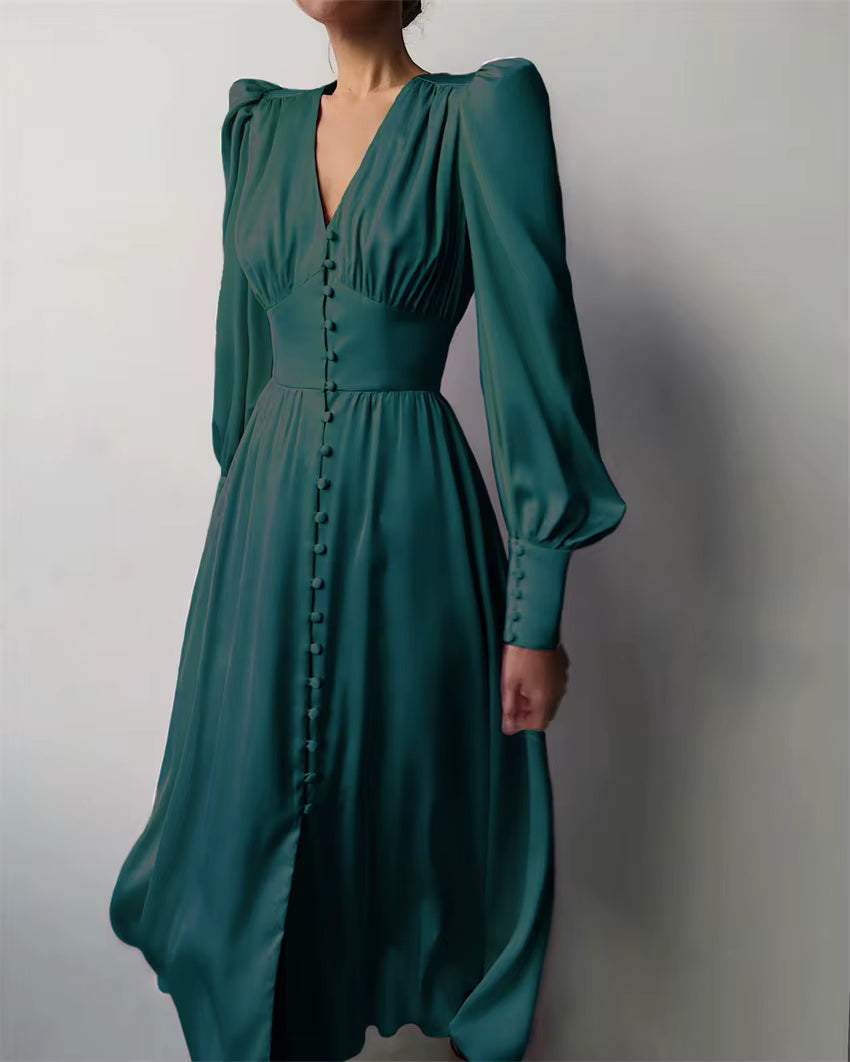 Elegant V-neck Waist Cinched Satin Solid Color Office Lady Dresses