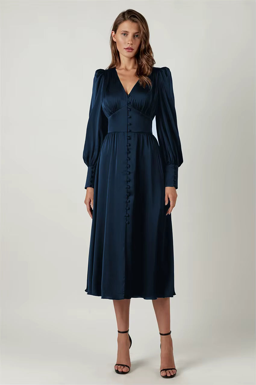 Elegant V-neck Waist Cinched Satin Solid Color Office Lady Dresses