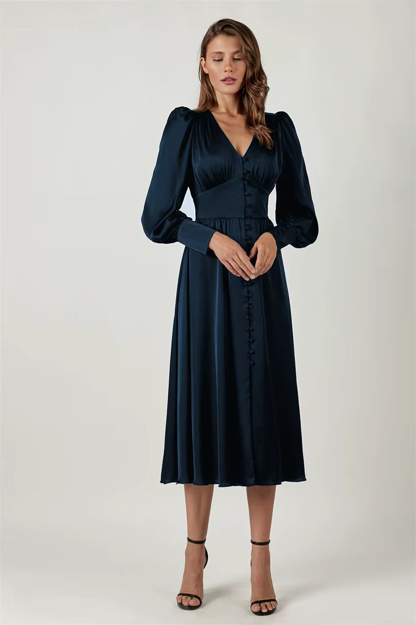 Elegant V-neck Waist Cinched Satin Solid Color Office Lady Dresses