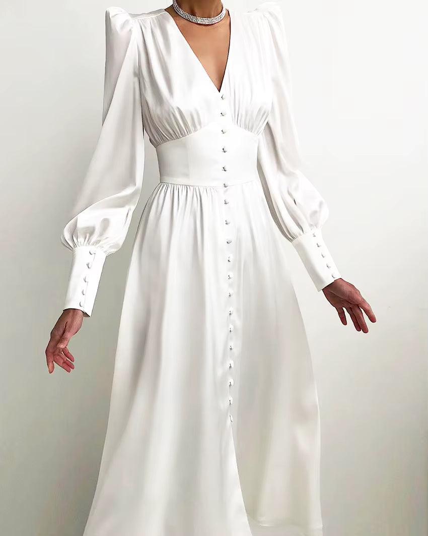 Elegant V-neck Waist Cinched Satin Solid Color Office Lady Dresses