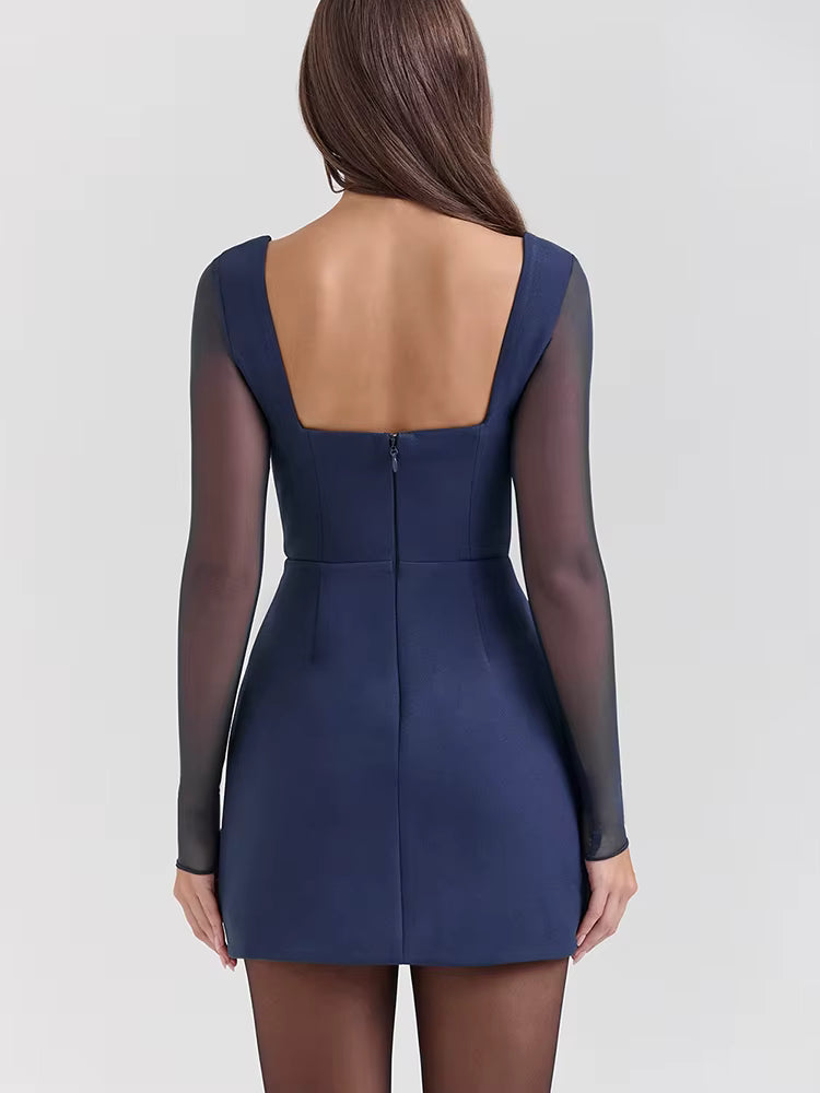 Elegant V-neck Zipper Above Knee Backless Long Sleeve Dress