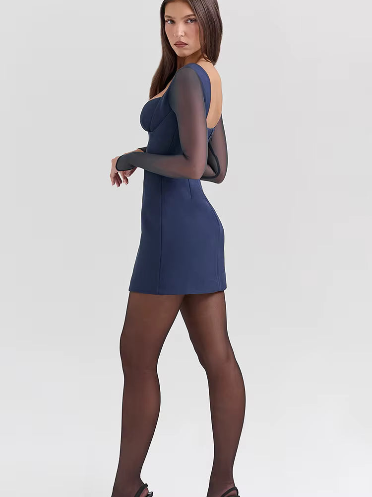 Elegant V-neck Zipper Above Knee Backless Long Sleeve Dress