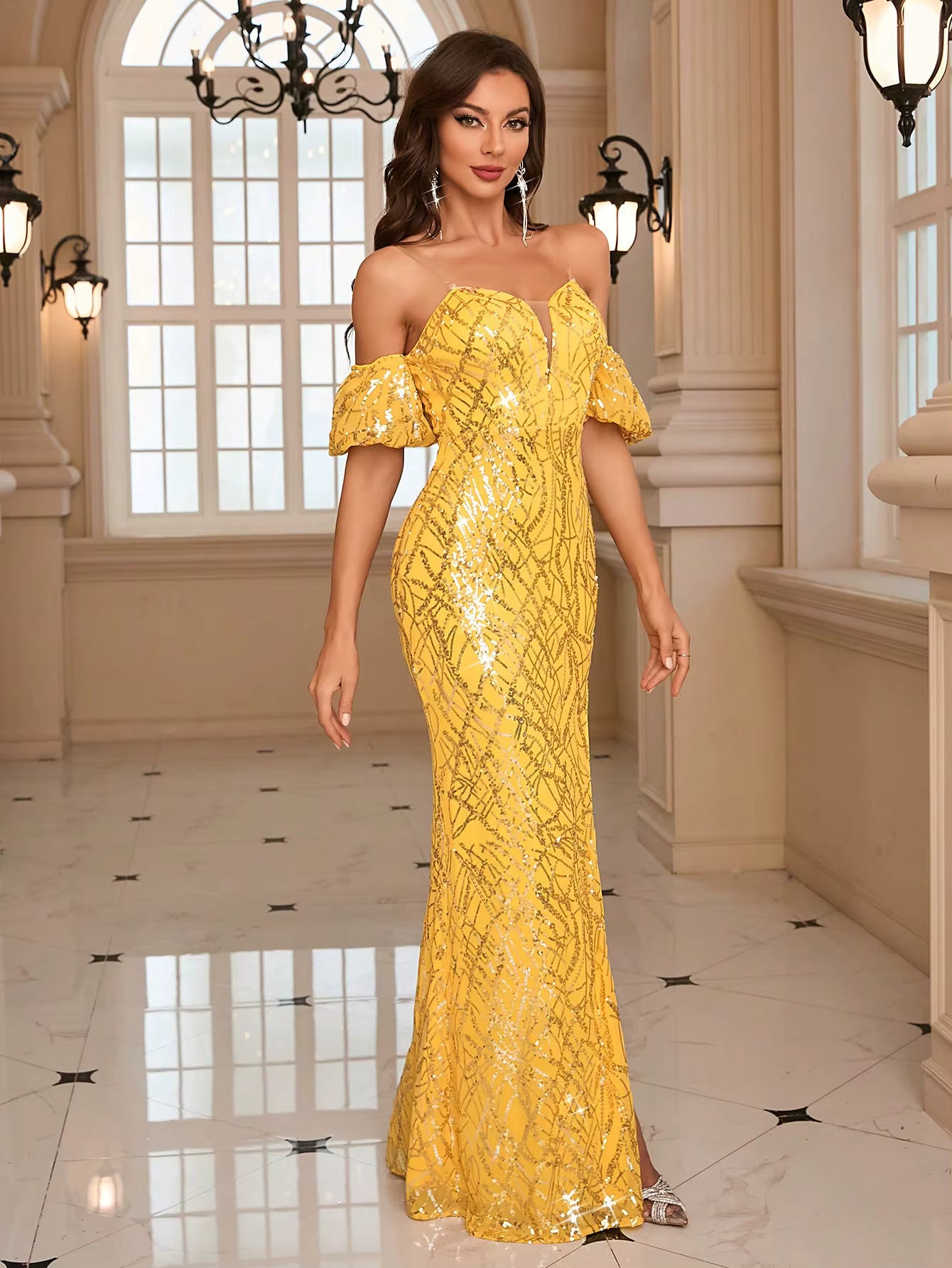 Elegant V-neck sequined Floor-Length sheath evening Maxi Dress