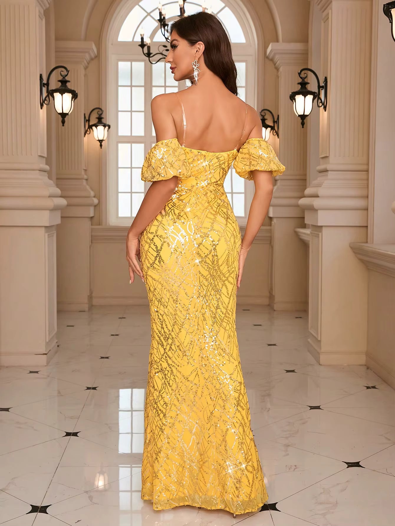 Elegant V-neck sequined Floor-Length sheath evening Maxi Dress